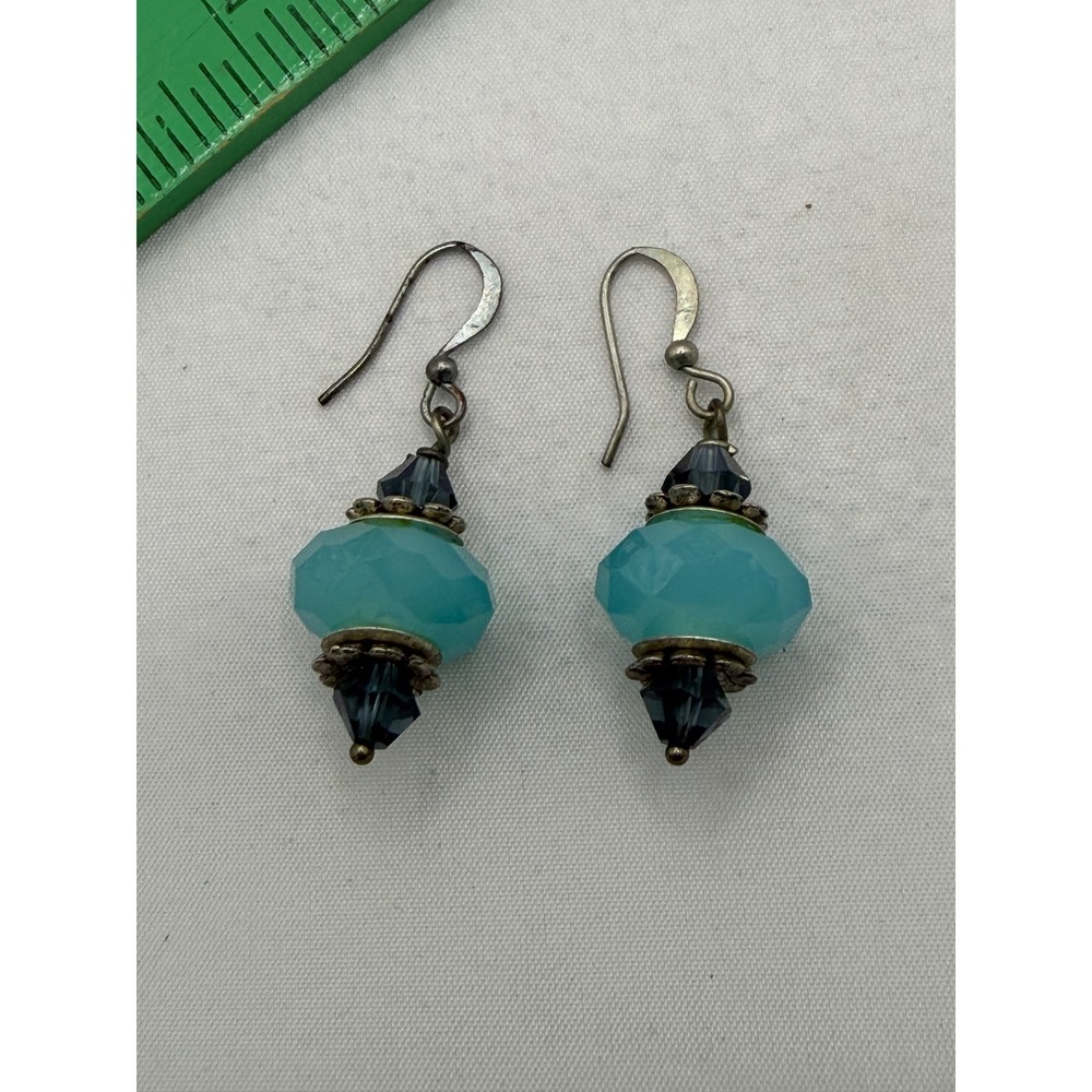 Vintage Style Turquoise Blue Beaded Drop Earrings Silver-Tone Crystal Dangle